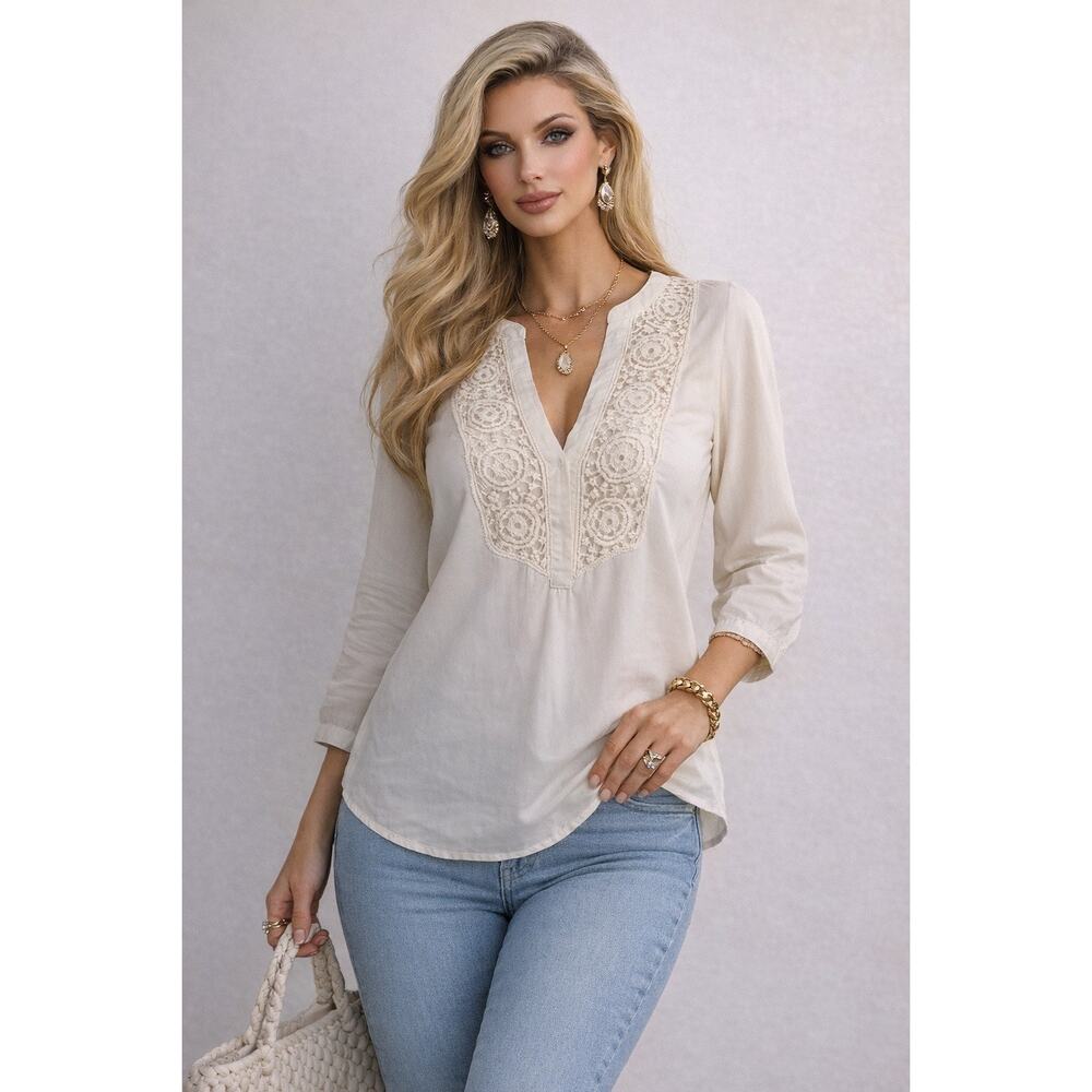 NWT Grand & Greene Cream Crochet Lace Boho Blouse Size L‎